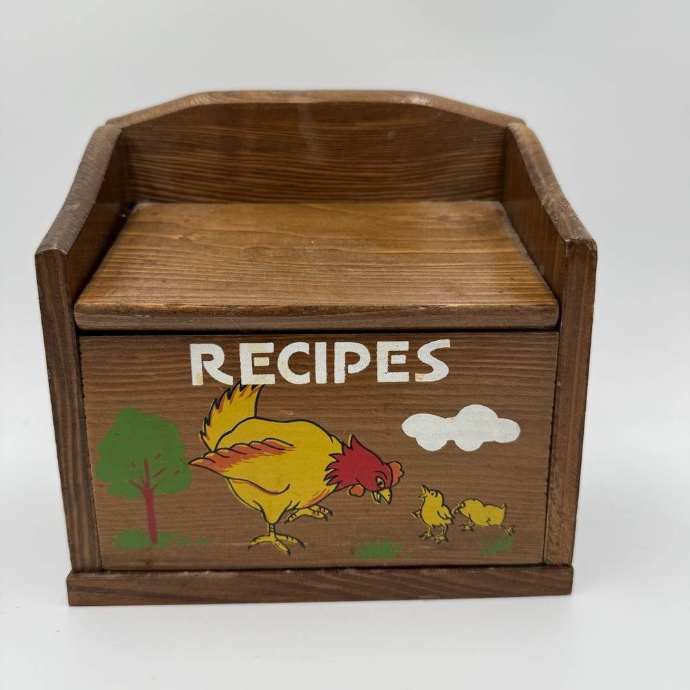 Vintage Wooden Recipe Box Cottagecore Chicken Rooster Farmhouse Kitchen 6x6